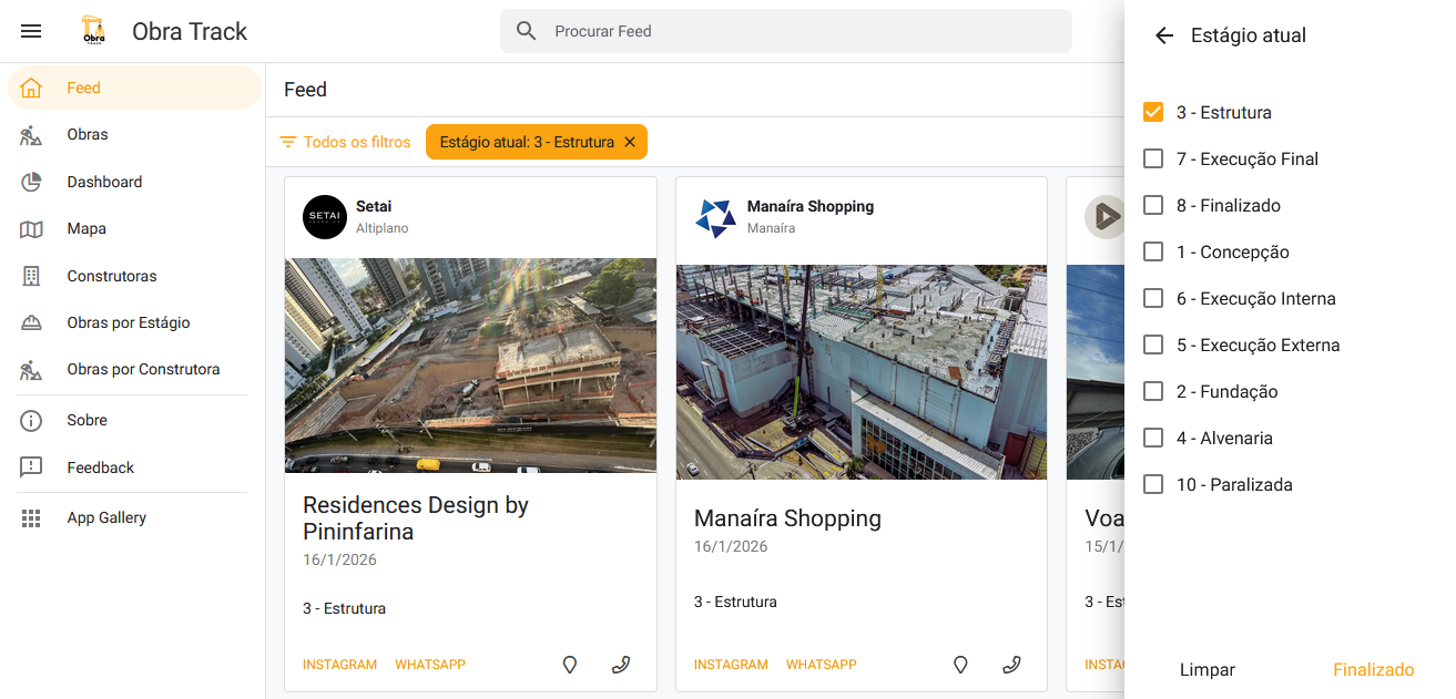 Feed filtrado mostrando apenas obras no estágio Estrutura