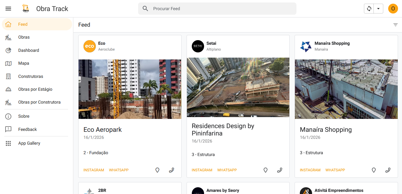 Feed do Obra Track com cards de obras