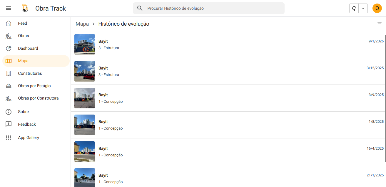Histórico de evolução com linha do tempo de fotos