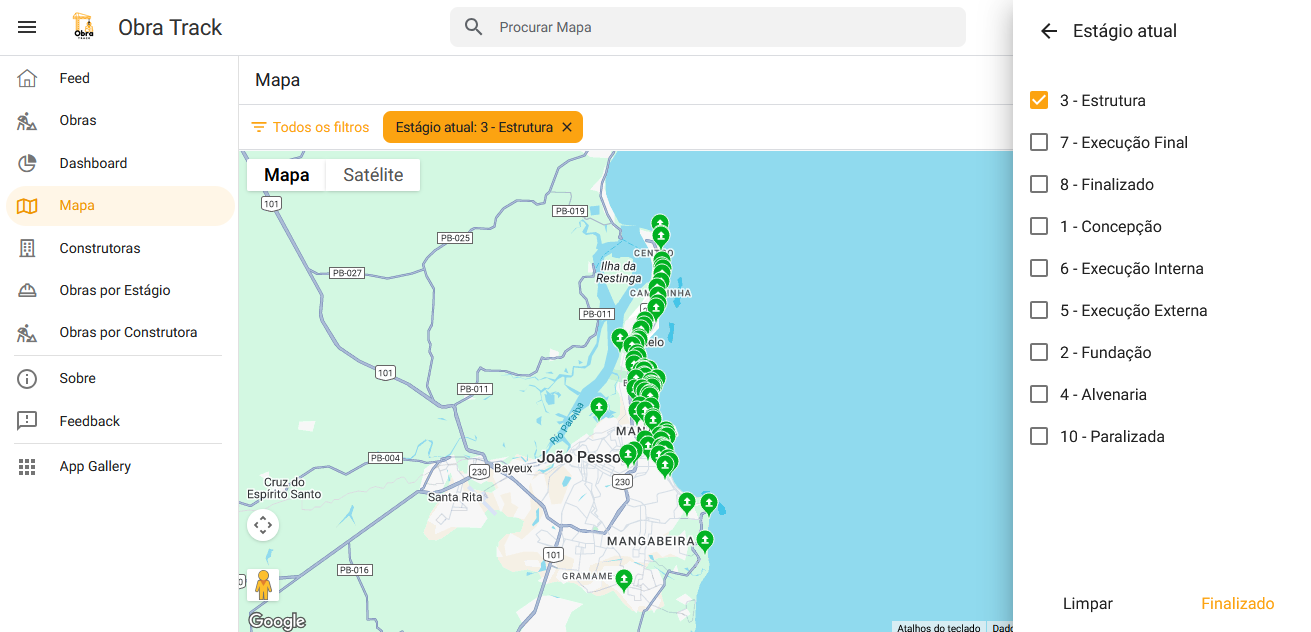 Mapa com filtro de estágio Estrutura selecionado