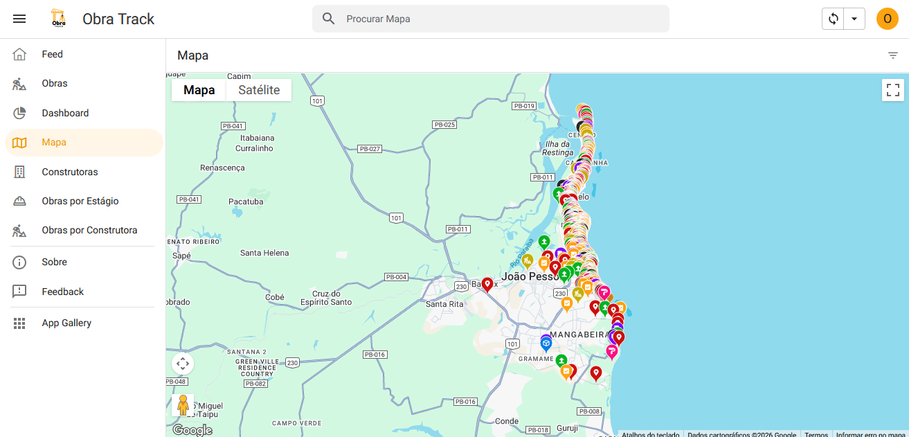 Mapa do Obra Track mostrando obras em João Pessoa